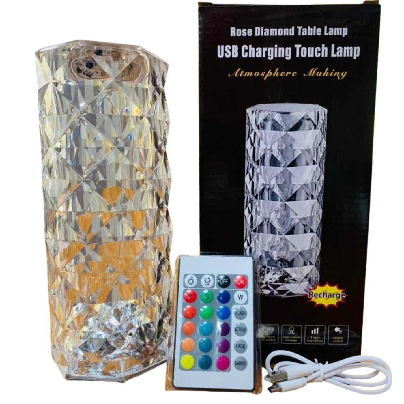 16 Colors Diamond Rose Crystal Touch Lamp | USB Rechargeable Bedside Lamp with Remote - jnty.pk