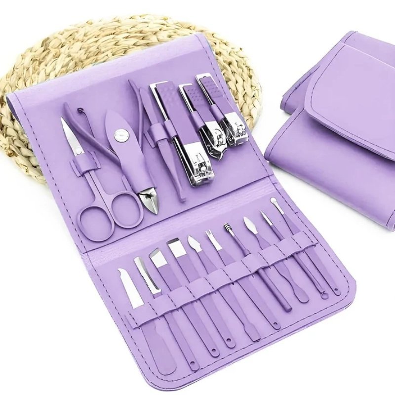 16 Pcs Stainless Steel Manicure & Pedicure Set | Travel Grooming Kit with Leather Case - jnty.pk