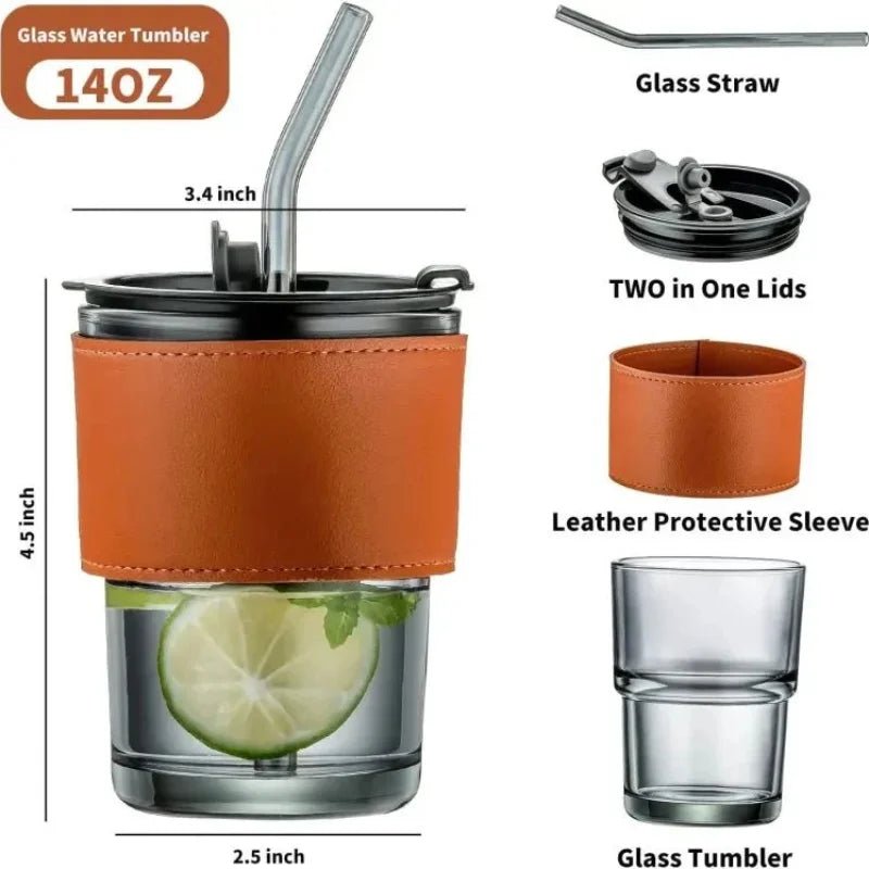 Bamboo Joint Glass Cup with Lid & Straw | 13oz Can - Shaped Tumbler with Leather Sleeve - jnty.pk