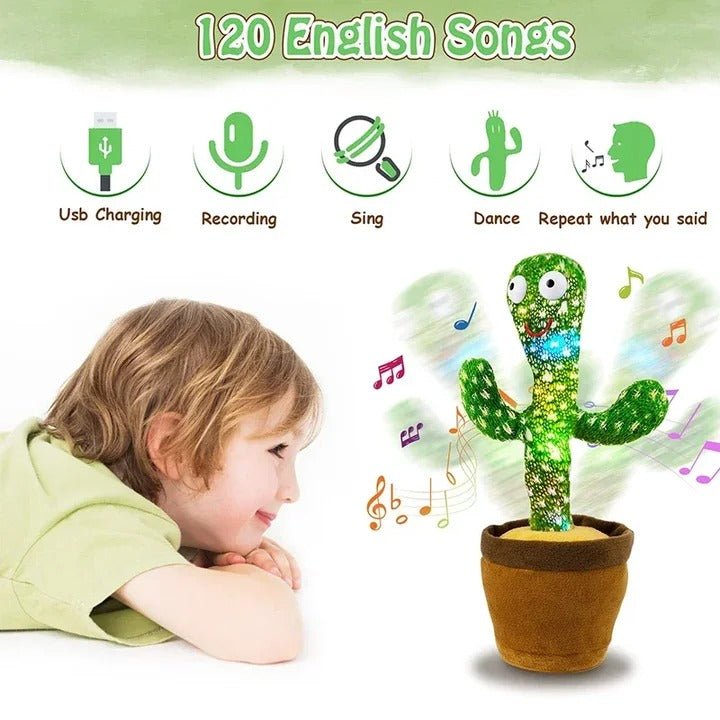 Dancing Cactus Toy – Singing, Talking, Voice Recording Plush with USB Rechargeable Function – Fun Educational Gift for Babies and Kids (Ages 6 Months & Up) - Rechargeable - With Cap - jnty.pk
