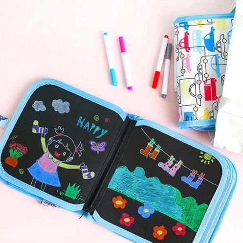 Erasable & Reusable Doodle Magic Blackboard Book with 3 Color Markers – Kids Drawing & Learning Activity Book (Random Color) - jnty.pk