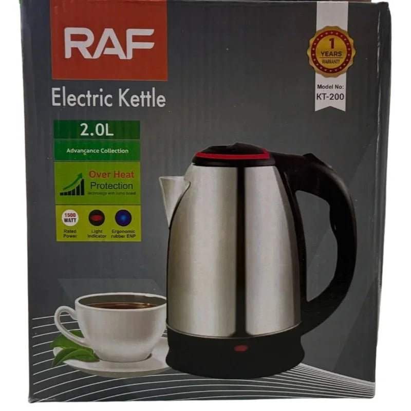 RAF KT - 200 Automatic Electric Kettle 2 Liter Stainless Steel Cordless 1500W with Overheat Protection - jnty.pk