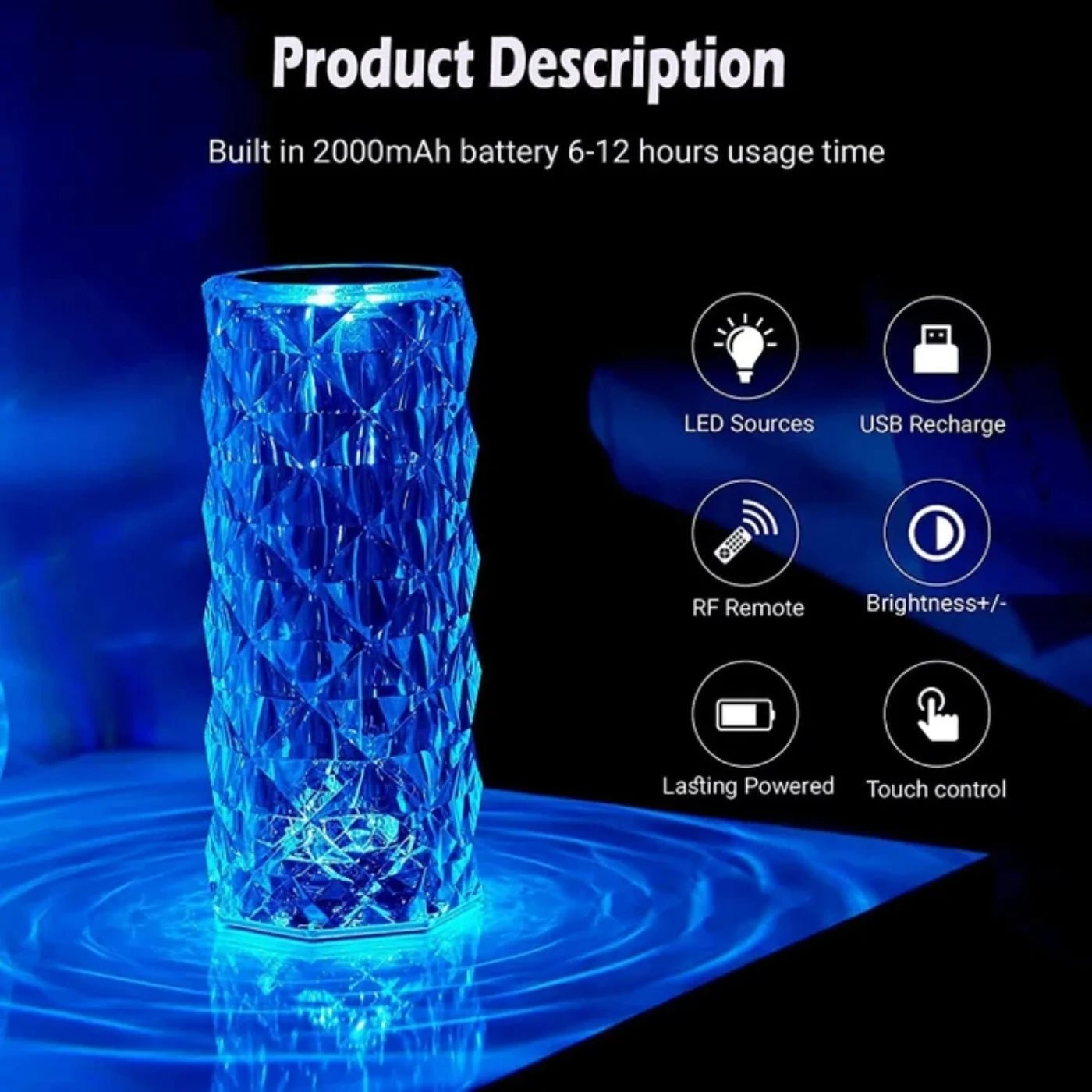 16 Colors Diamond Rose Crystal Touch Lamp | USB Rechargeable Bedside Lamp with Remote - jnty.pk