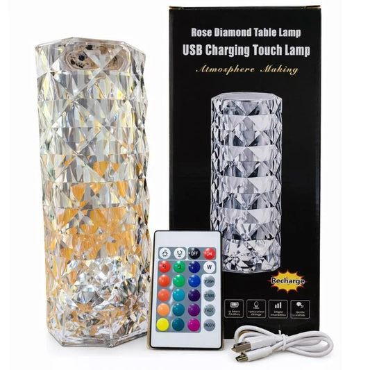 16 Colors Diamond Rose Crystal Touch Lamp | USB Rechargeable Bedside Lamp with Remote - jnty.pk