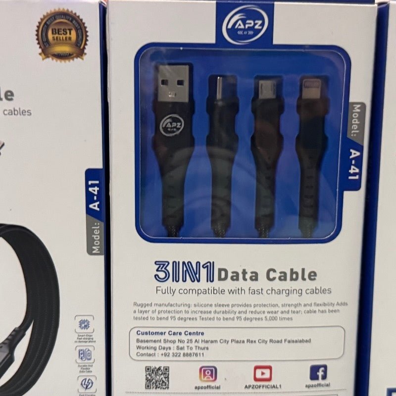 3 - in - 1 Fast Charging Cable 100W 480Mbps 120cm Type - C Micro Lightning Durable Design - jnty.pk