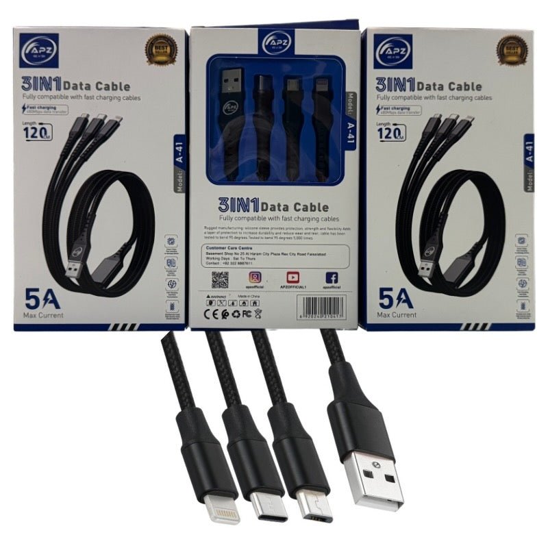 3 - in - 1 Fast Charging Cable 100W 480Mbps 120cm Type - C Micro Lightning Durable Design - jnty.pk