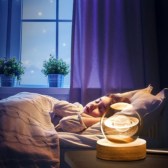 3D Galaxy Space Crystal Ball Night Light with Wooden LED Stand | USB Decorative Table Lamp | Random Designs - jnty.pk