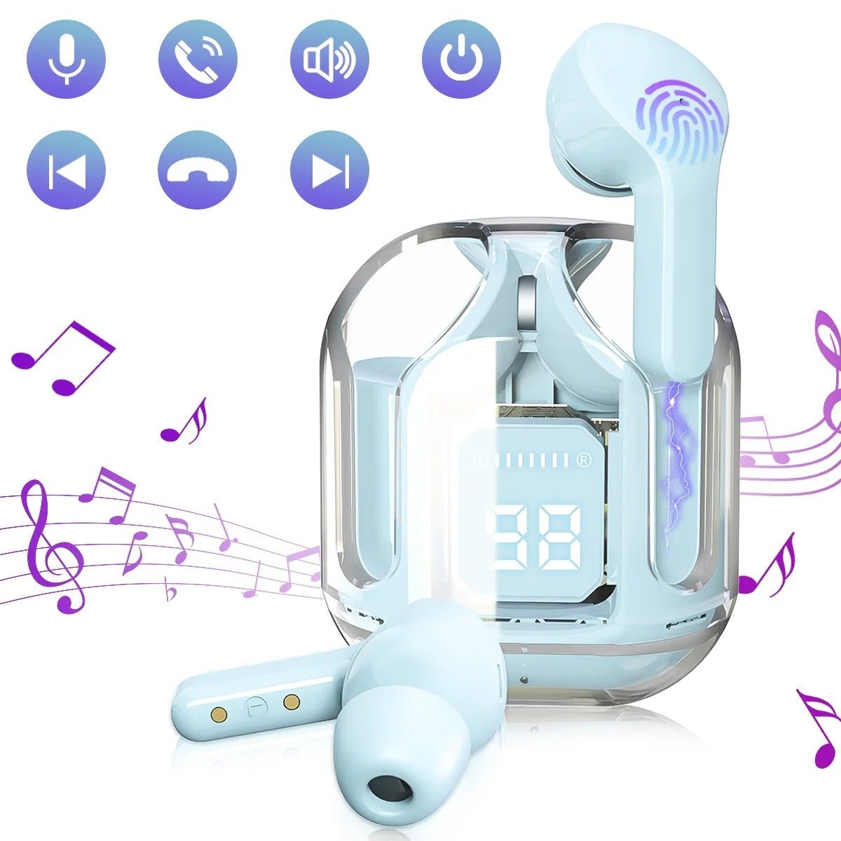 Air31 Earbuds Wireless | Crystal Transparent Bluetooth 5.3 | LED Display | Heavy Bass Stereo Sound - jnty.pk