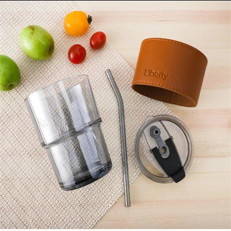 Bamboo Joint Glass Cup with Lid & Straw | 13oz Can - Shaped Tumbler with Leather Sleeve - jnty.pk