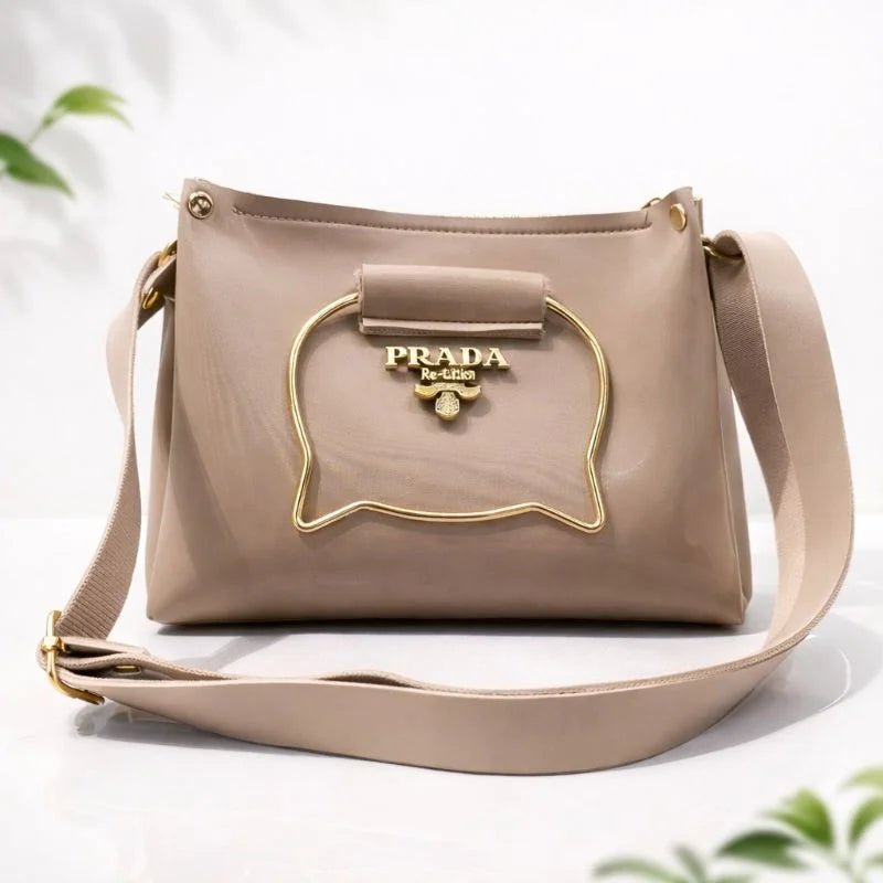 Beige Elegant Cat Handle Handbag for Girls & Ladies | Stylish Shoulder & Crossbody Bag with Gold Accents | Adjustable Strap - jnty.pk