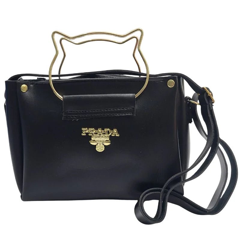 Black Elegant Cat Handle Handbag for Girls & Ladies | Stylish Shoulder & Crossbody Bag with Gold Accents | Adjustable Strap - jnty.pk