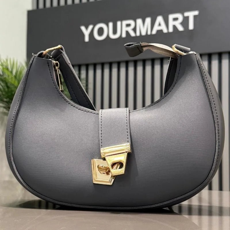 Crescent Luxury Faux Leather Shoulder Bag | Dark Gray Elegant Handbag for Women - jnty.pk