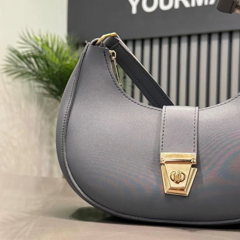 Crescent Luxury Faux Leather Shoulder Bag | Dark Gray Elegant Handbag for Women - jnty.pk