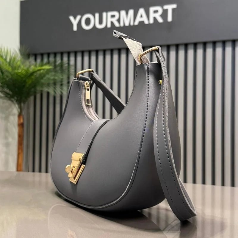 Crescent Luxury Faux Leather Shoulder Bag | Dark Gray Elegant Handbag for Women - jnty.pk