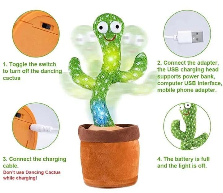 Dancing Cactus Toy – Singing, Talking, Voice Recording Plush with USB Rechargeable Function – Fun Educational Gift for Babies and Kids (Ages 6 Months & Up) - Rechargeable - With Cap - jnty.pk