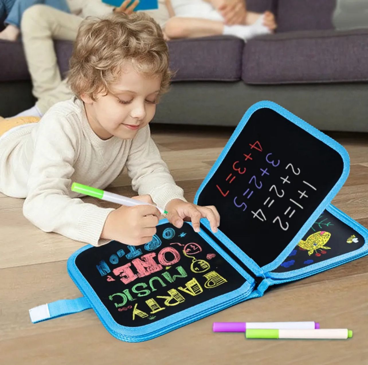 Erasable & Reusable Doodle Magic Blackboard Book with 3 Color Markers – Kids Drawing & Learning Activity Book (Random Color) - jnty.pk