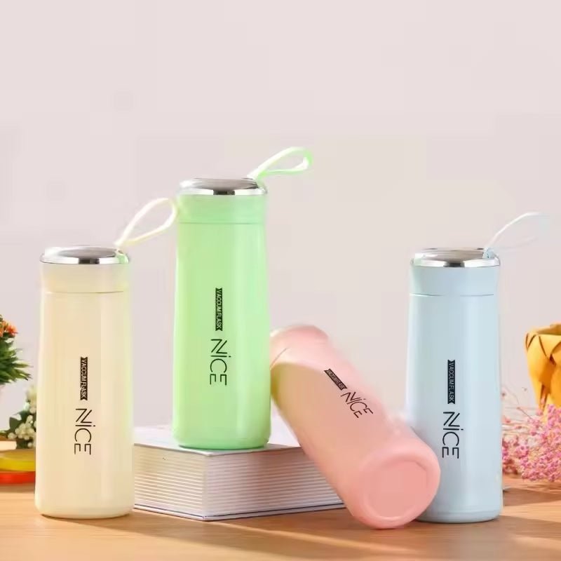 Nice Bottle | 400ml Mini Flask Glass Water Bottle with Vacuum Insulation | Temperature Resistant | Random Colors - jnty.pk