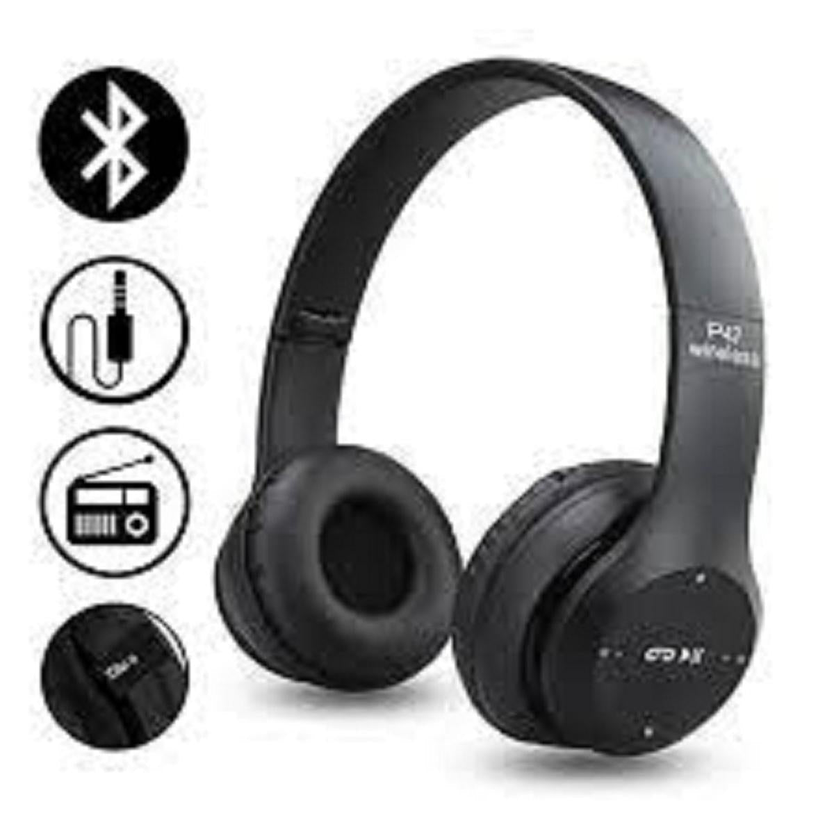 P47 Wireless Headphones | Bluetooth Foldable Headset | Stereo Sound | FM Radio & TF Card Support | Built - in Microphone - jnty.pk