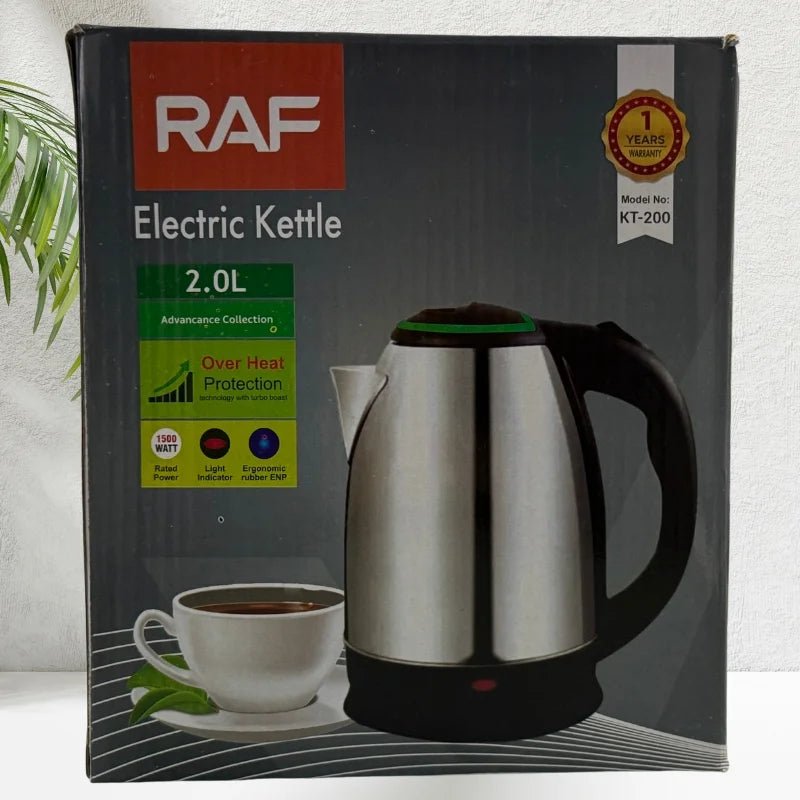 RAF KT - 200 Automatic Electric Kettle 2 Liter Stainless Steel Cordless 1500W with Overheat Protection - jnty.pk