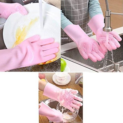 Reusable Silicone Washing Gloves with Built - In Scrubber for Kitchen Bathroom Car and Multipurpose Cleaning (Random Color) - jnty.pk