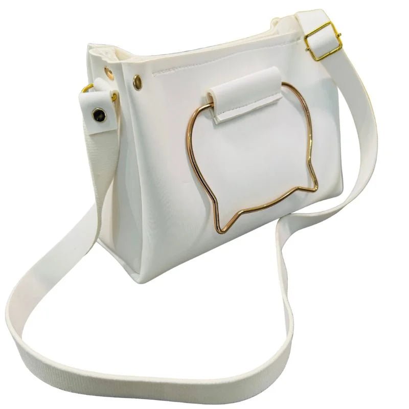 White Elegant Cat Handle Handbag for Girls & Ladies | Stylish Shoulder & Crossbody Bag with Gold Accents | Adjustable Strap - jnty.pk